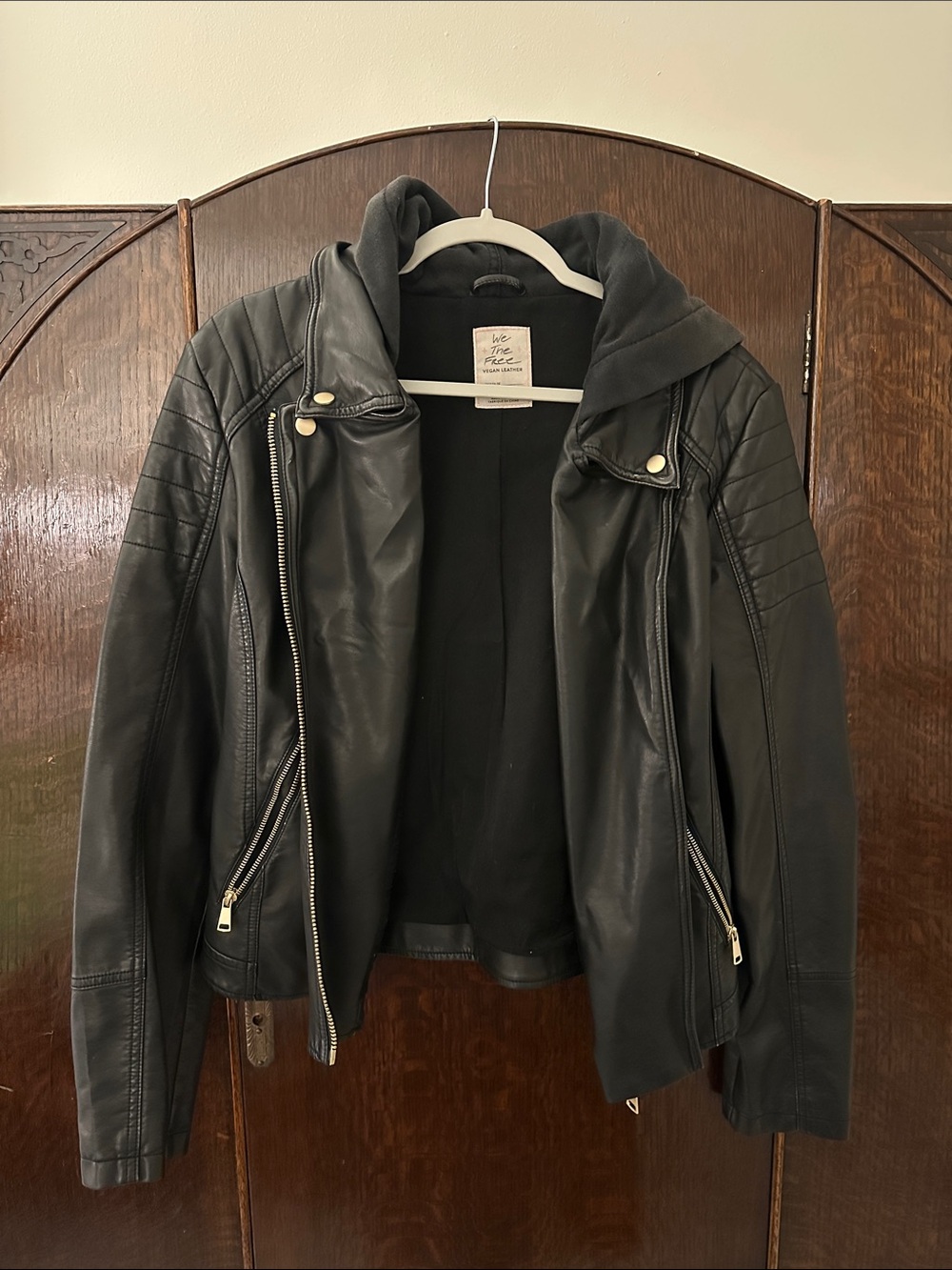 We The Free Black Faux Leather Hooded Moto Jacket with Quilted Shoulders